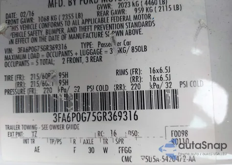 2016 Ford Fusion S from USA, damaged, VIN 3FA6P0G75GR369316